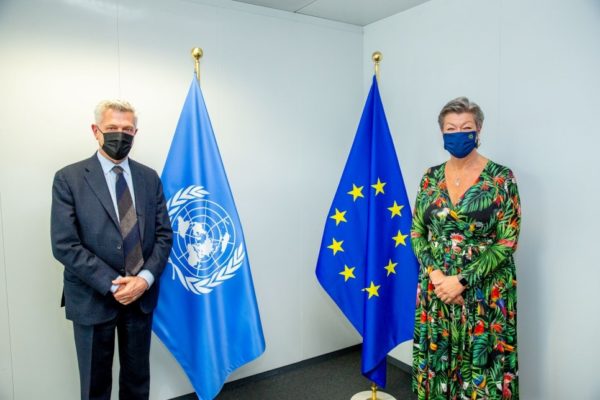 Le Haut Commissaire des Nations Unies pour les réfugiés Filippo Grandi au point de presse conjoint avec la Commissaire européenne aux Affaires intérieures, Ylva Johansson.