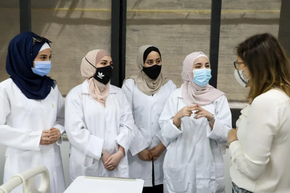 Syrian refugee nursing students in the new Nursing and Healthcare Lab at Luminus Technical University College, Amman, Jordan