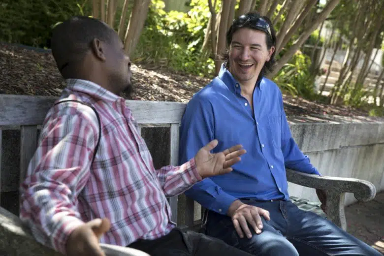 After being resettled to the USA from Namibia, Congolese refugee Majidi Al Shabani (left) befriended Cobi Cogbill, who studies at the University of Arkansas where Majidi works
