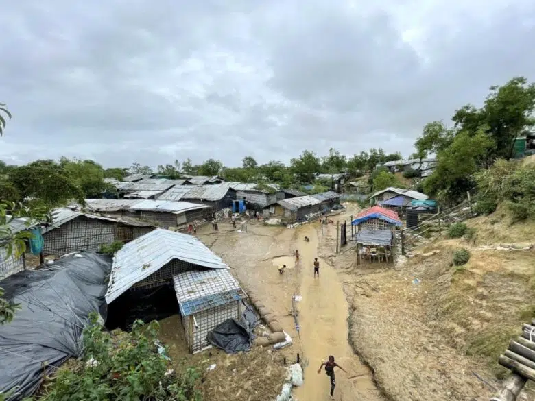 Rohingya children in refugee camp after monsoon rains