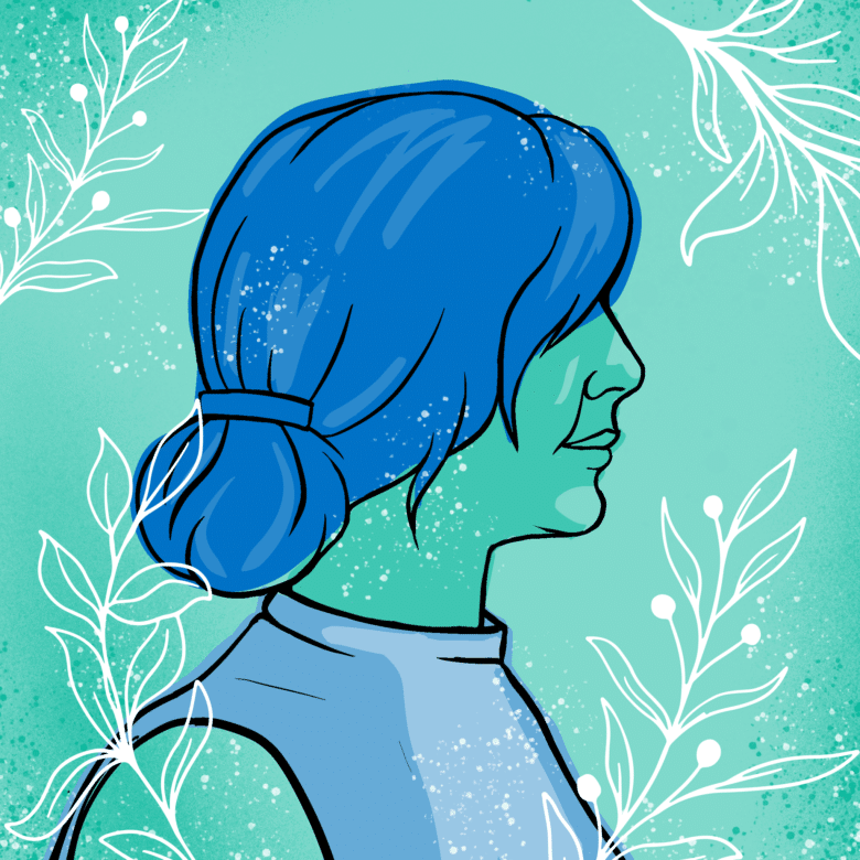 Illustrated image of a woman's side profile. Her hair is in a bun with her bangs covering her eyes. The background of the image is turquoise and there are floral decorative pieces on top.