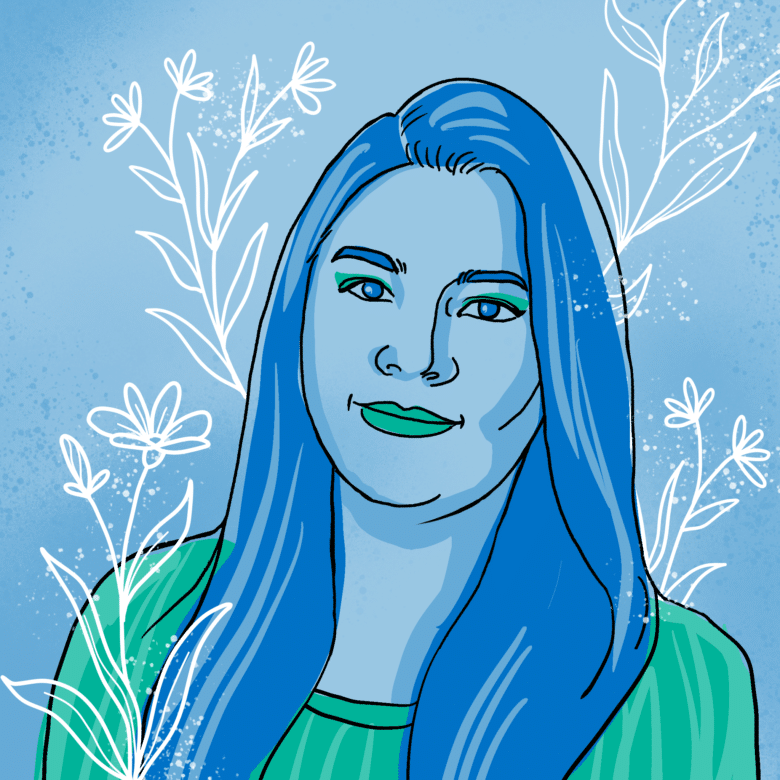 Illustrated image of woman with long, chest length hair parted on the side. The background of the image is light blue and there are floral decorative pieces on top.