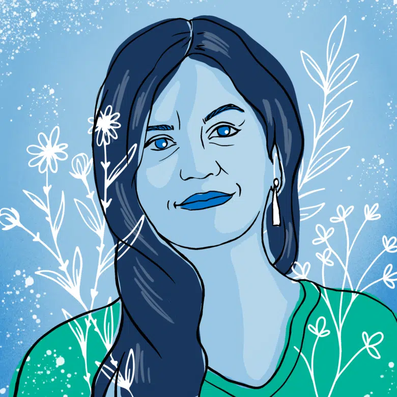 Illustrated image of woman with chest length hair parted in the middle and tucked behind her right ear. She also has a droplet earring on. The background of the image is a light blue with floral decorative elements on top.