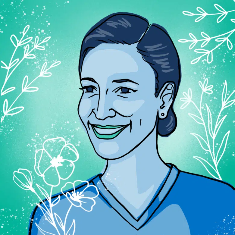 Illustrated image of woman looking slightly to the left. Her hair is in a bun and is smiling with her teeth showing. The background of the image is a turquoise colour with decorative floral elements drawn on top.