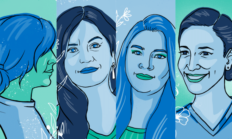 Illustrated portrait images of people.