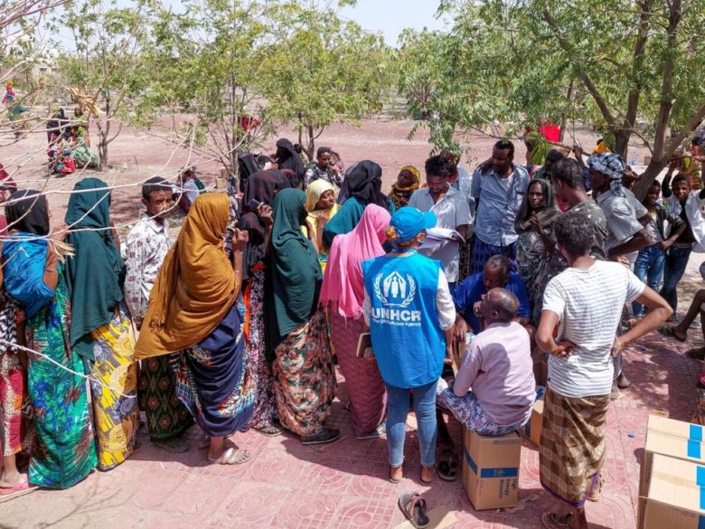 Group of Eritrean refugees and UNHCR staff gathered together