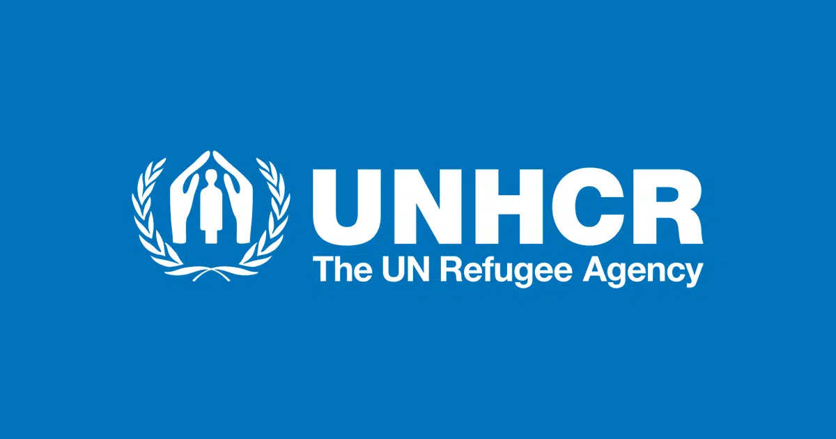 Blue background with UNHCR logo in white.