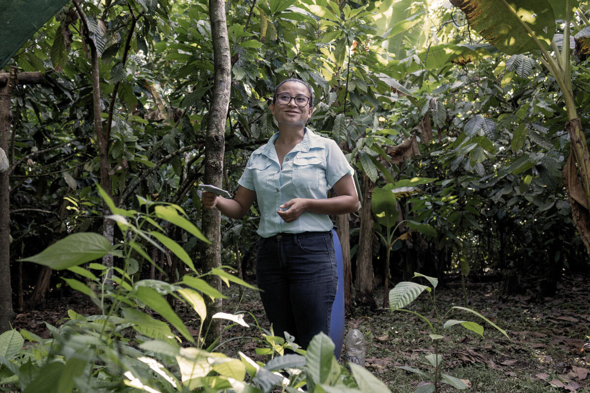 woman with glasses wearing light blue collared short sleeve and dark blue straight-leg pants standing in tropical forest