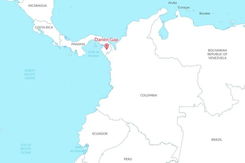 Map showing location of Darien Gap between Colombia and Panama.
