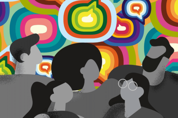 Vector illustration of five greyscale silhouettes of people in front of multi-coloured speech bubbles.