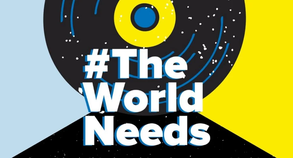 #TheWorldNeeds animation with a record behind the words and a yellow background on the right and blue on the left 