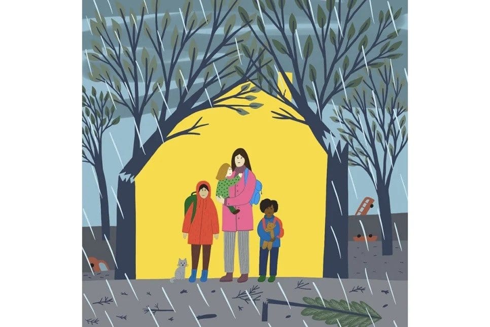 Illustration of woman holding a small child with two other children, standing on either side, they are standing under the branches of two broken trees, in front of the outline of a house which is filled in with a solid yellow colouring