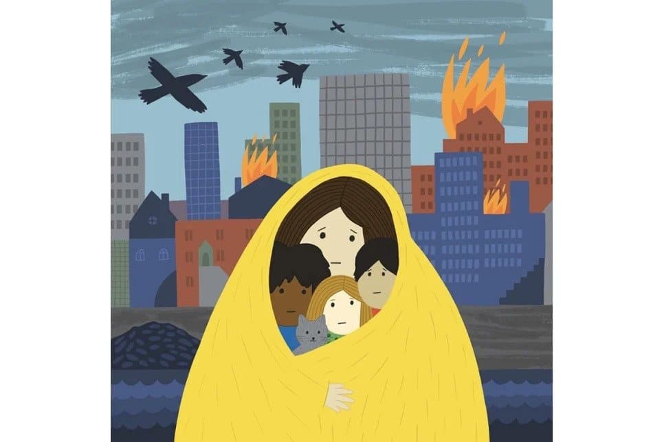 illustration of a woman holding three children under a yellow blanket in front of a city skyline that is being destroyed