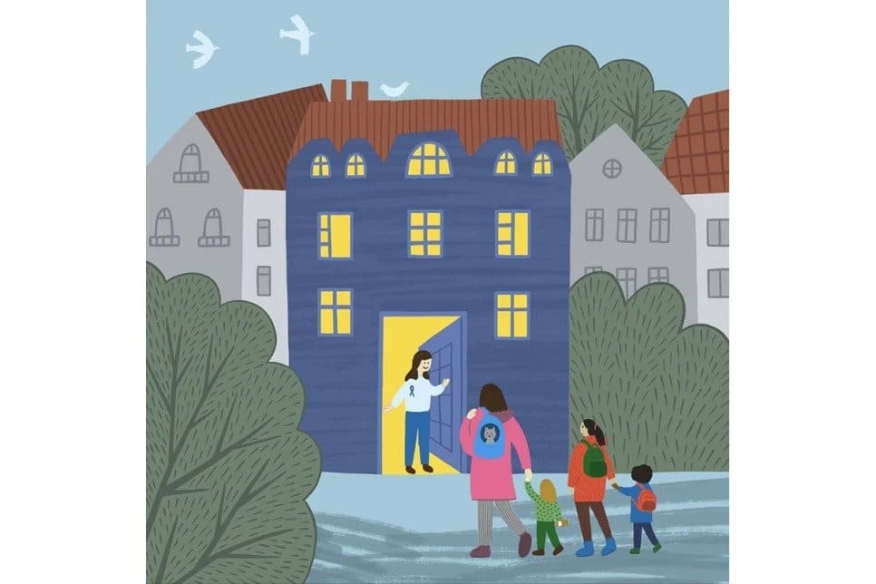 Illustration, woman and three children walking into a blue house with another woman standing at the front door