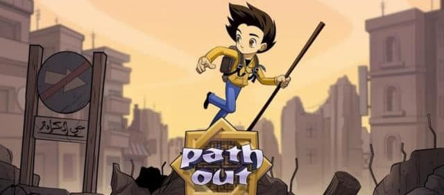 animated illustration of a boy running in front of damaged buildings, the words 'path out' are centred low, below the boy's feet