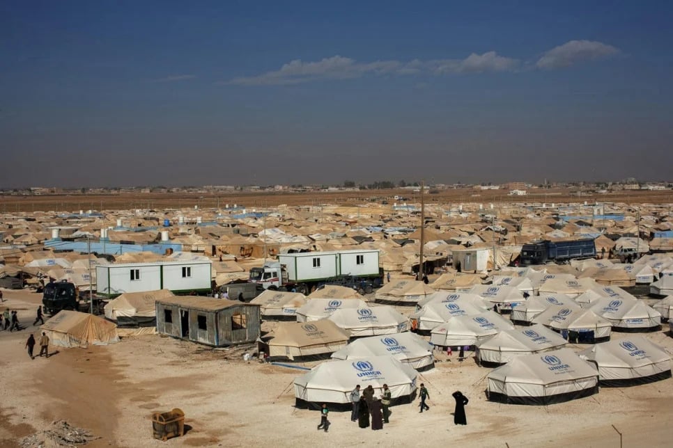 overhead view of various UNHCR shelters in the desert