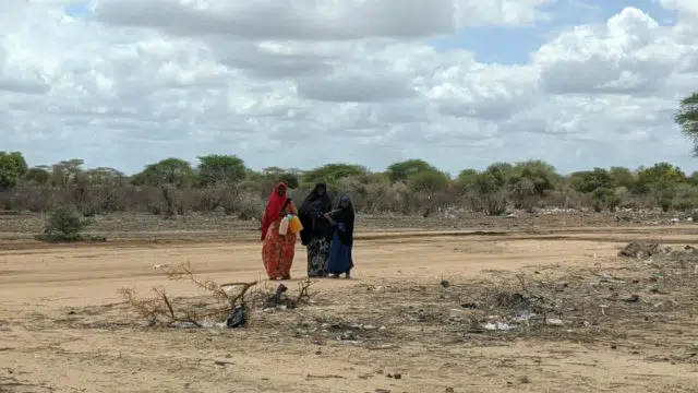three women wearing head coverings standing in a desert