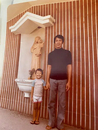 Andy Pham is seen in separate photos with his parents at Pulau Bidong refugee camp in 1980.