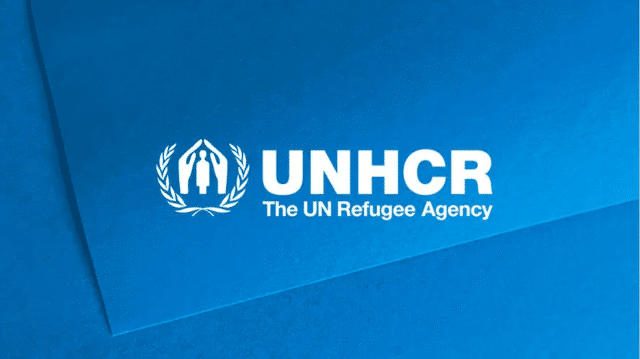 UNHCR logo on a blue background.