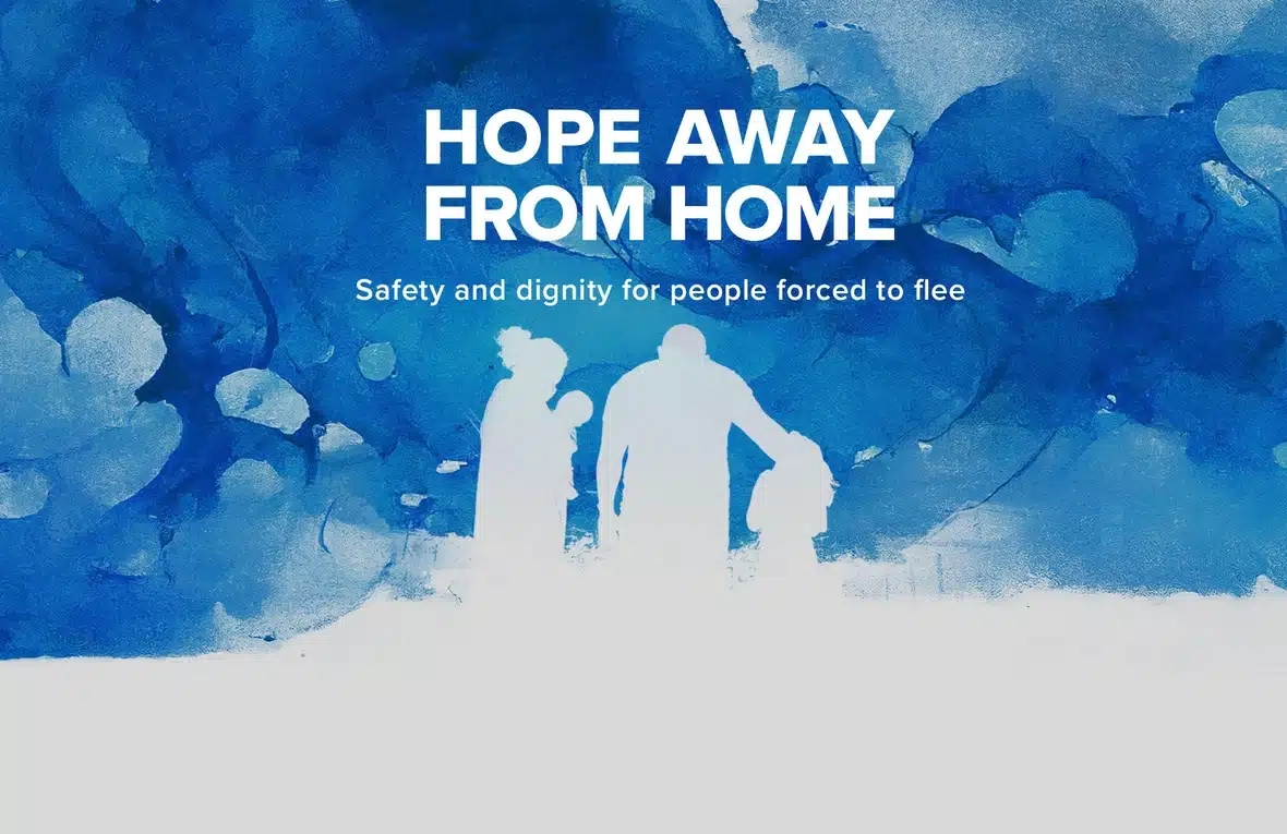 Watercolour graphic image. There is a silhouette of people standing with the text "Hope away from home" at the top.