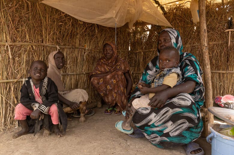 A woman sits with a child on her lap as well as three other children in a shelter made of straw and a tarp as a cieling