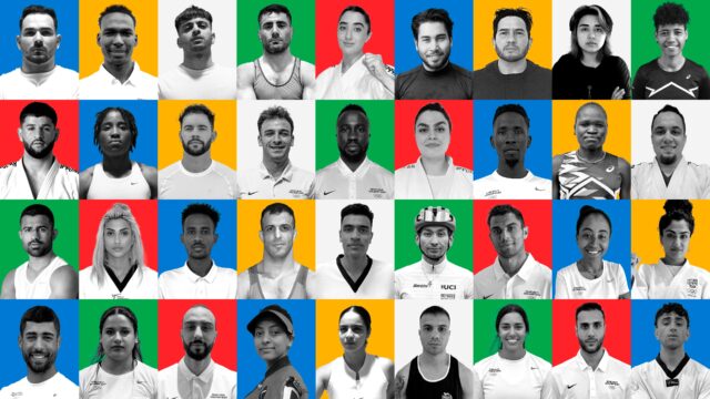 A composite image consisting of headshot photos of 36 Refugee Olympic Team members arranged in four rows and nine columns in multioloured backgrounds.