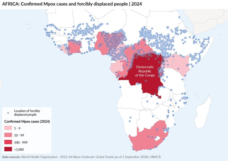 Map of Africa's confirmed cases of mpox along with the location of forcibly displaced people.