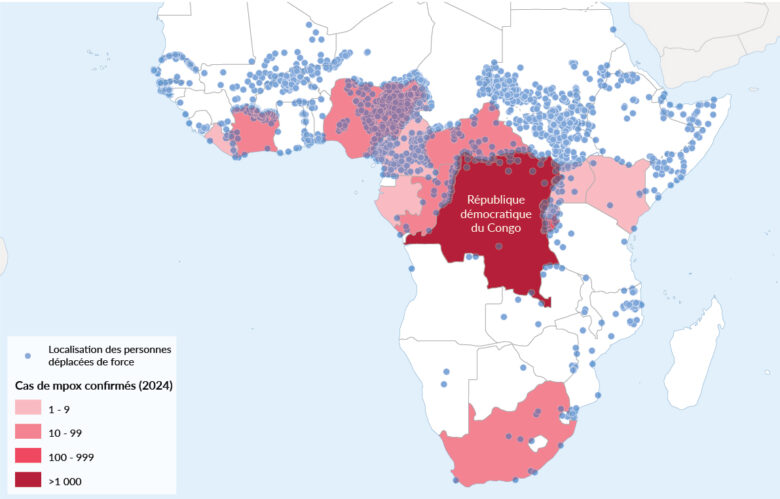 Carte des cas confirmés de variole en Afrique et localisation des personnes déplacées de force.