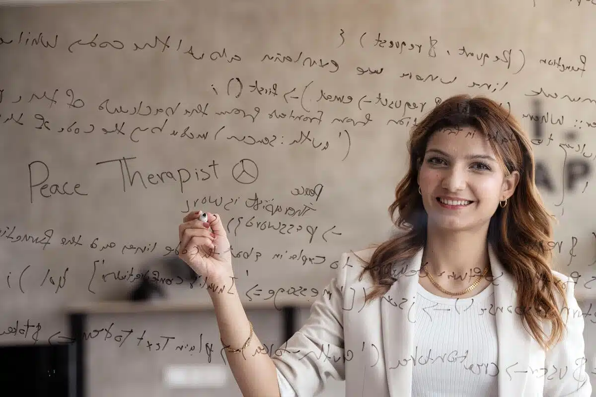 Une femme écrit un code wesbite dans un miroir.