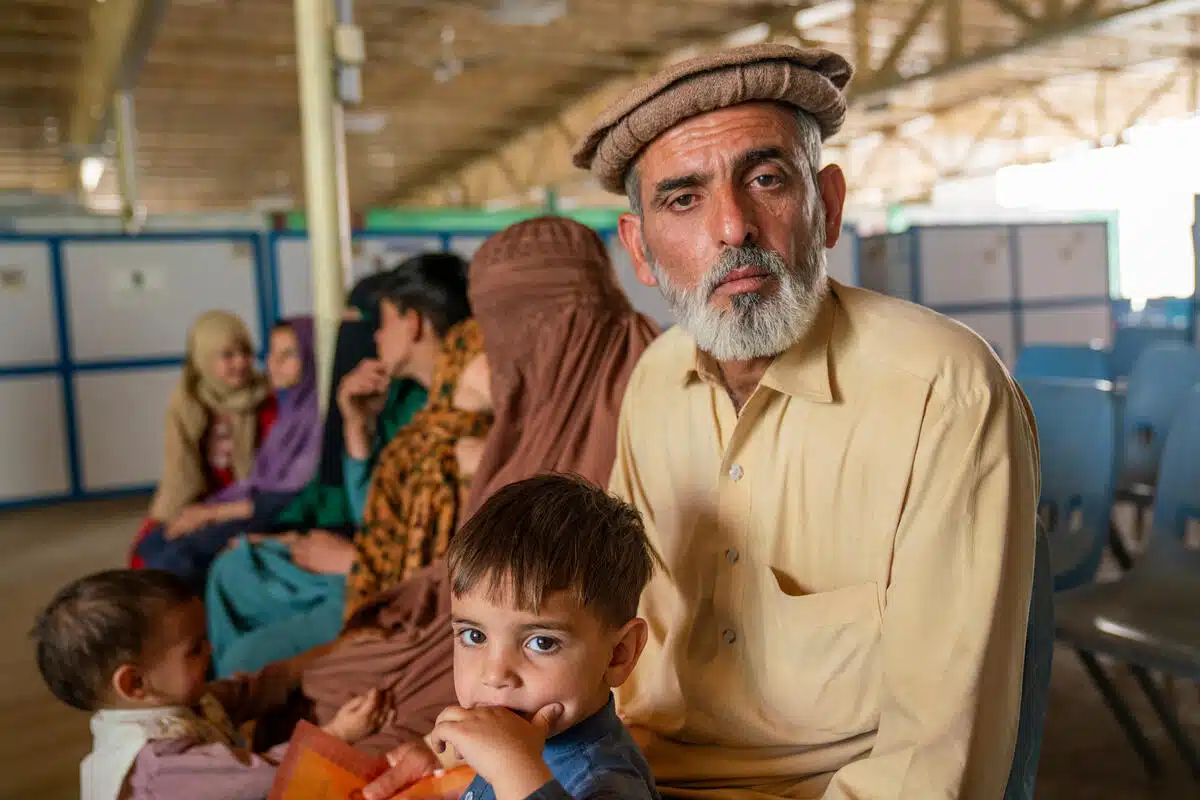 An elderly man is holding a child in his lap while looking at the camera. They are at a camp, and there are people seated behind them.