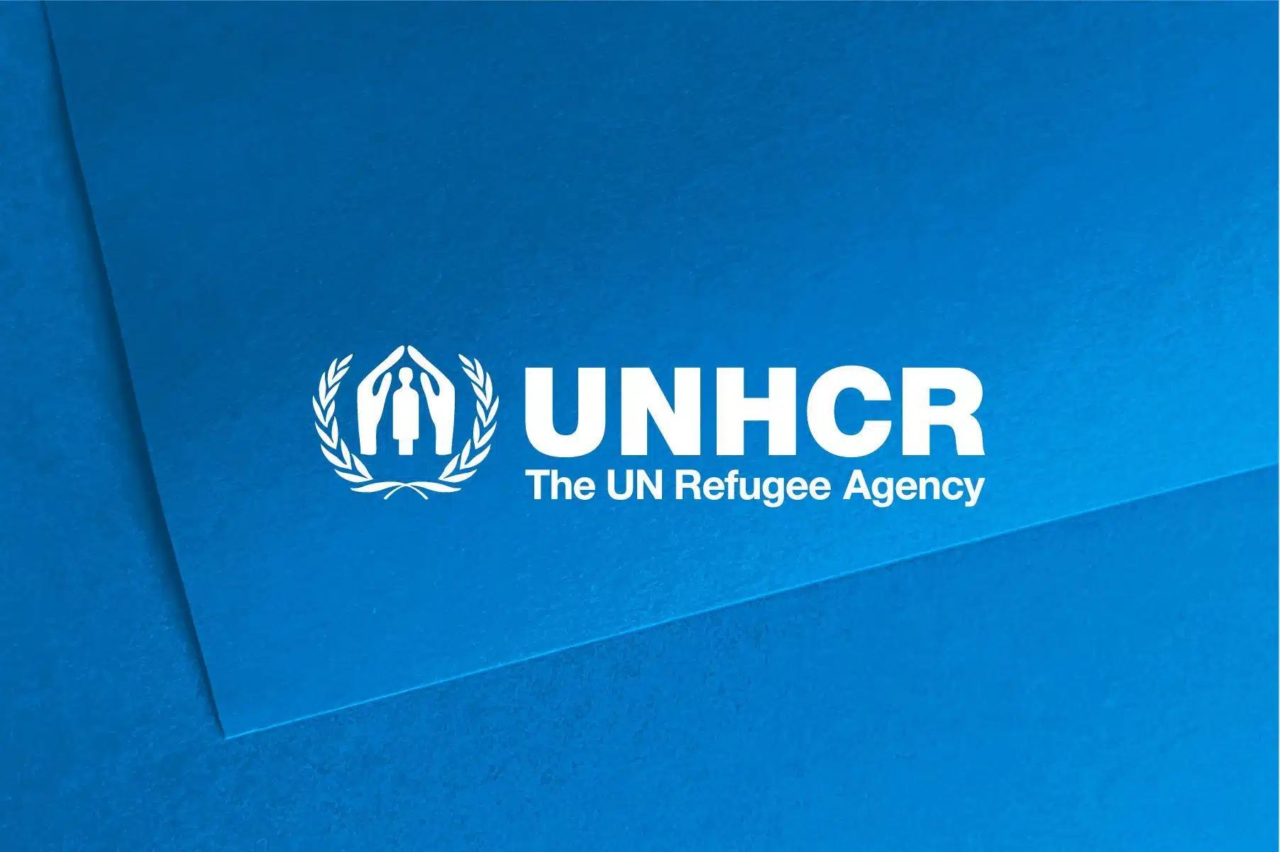 UNHCR logo in white over a light blue background