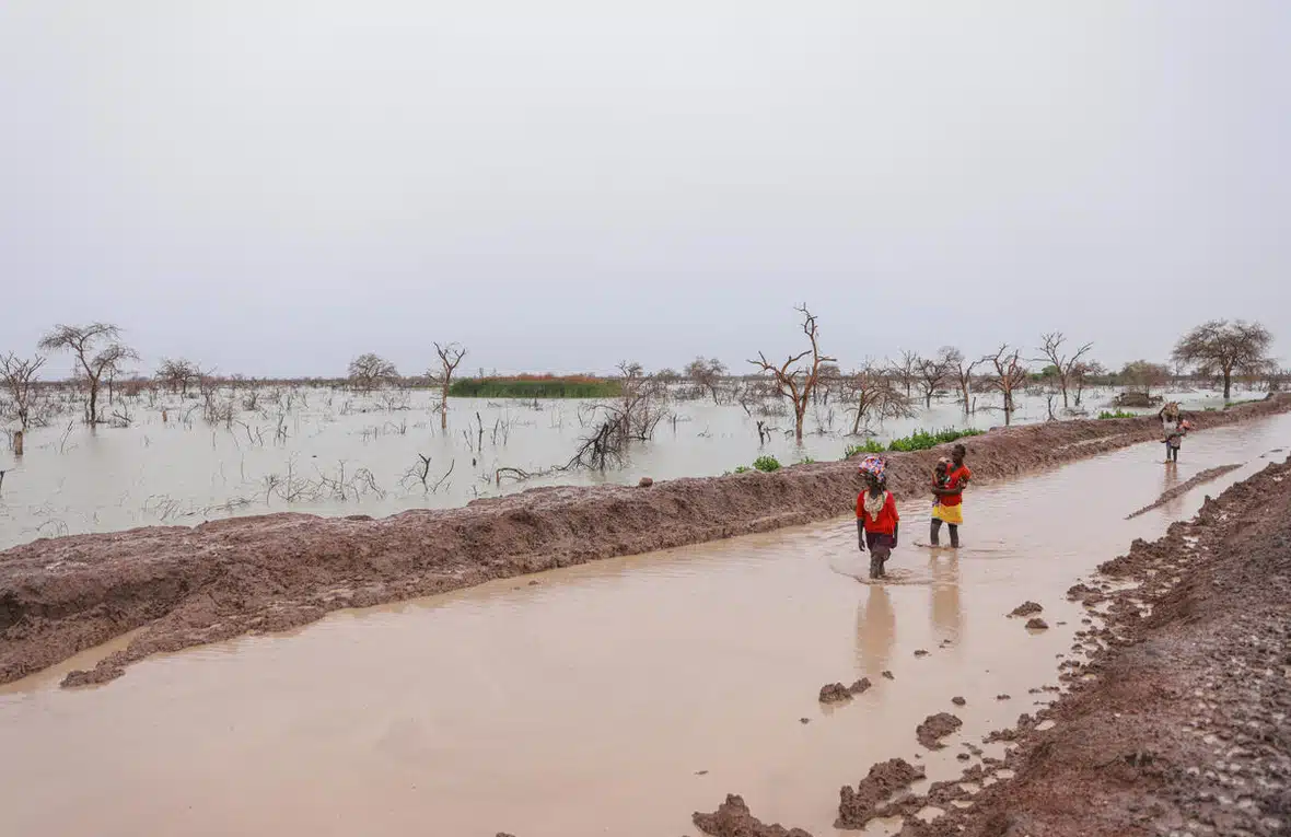 Un homme et une femme marchent dans une route boueuse et inondée, entourés de champs inondés, chacun portant un enfant. Une troisième personne est visible à l'arrière-plan.