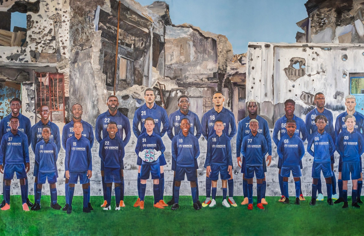 An image of the artwork painted by artist Carling Jackson depicting UNHCR’s ‘Gamechanging Team’.© UNHCR/Devan Head