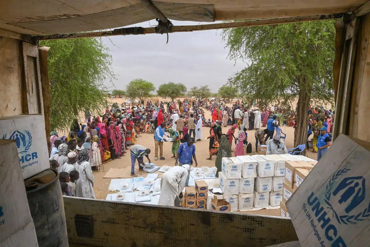 Workers unload UNHCR emergency relief for distribution to Sudanese refugees at the Madjigilta site in Chad in May 2023.© UNHCR/Colin Delfosse